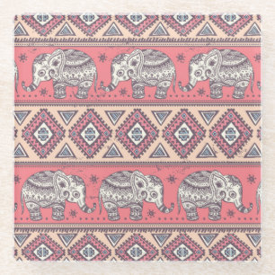 Pink Ethnic Elephant Pattern Glass Coaster