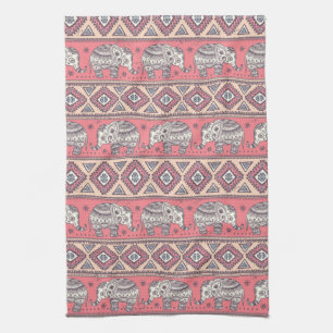Pink Ethnic Elephant Pattern Kitchen Towel