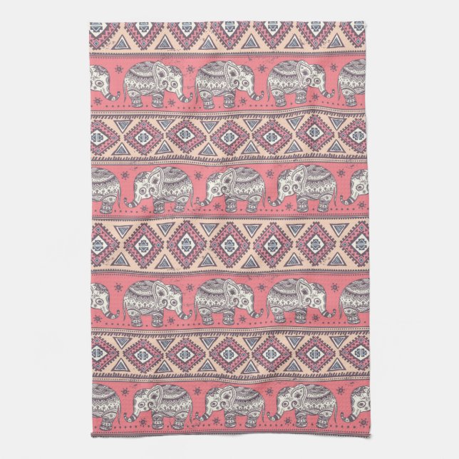 Pink Ethnic Elephant Pattern Kitchen Towel (Vertical)