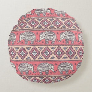 Pink Ethnic Elephant Pattern Round Pillow