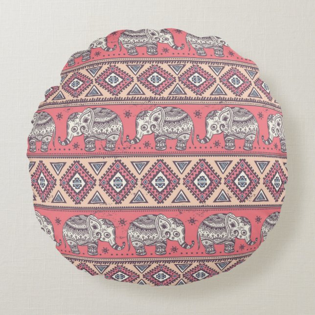 Pink Ethnic Elephant Pattern Round Pillow (Front)