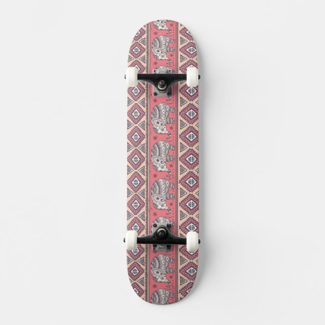 Pink Ethnic Elephant Pattern Skateboard (Front)