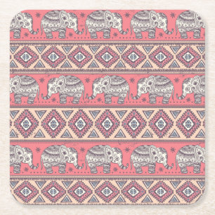 Pink Ethnic Elephant Pattern Square Paper Coaster