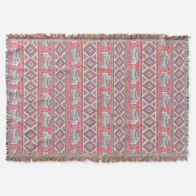 Pink Ethnic Elephant Pattern Throw Blanket (Front)