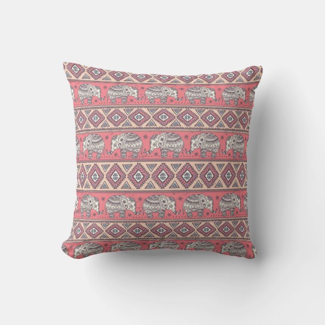 Pink Ethnic Elephant Pattern Throw Pillow (Front)