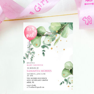 Pink eucalyptus Balloon It's a Girl Baby Shower  Invitation