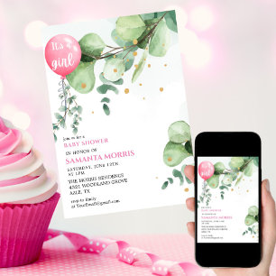 Pink eucalyptus Balloon It's a Girl Baby Shower  Invitation