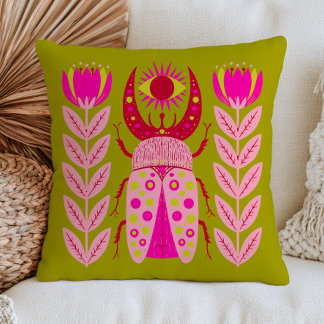 Pink Evil Eye Beetle Insect on Green Mystical Throw Pillow