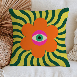 Pink Evil Eye Orange Daisy Flower Green Wavy Retro Throw Pillow