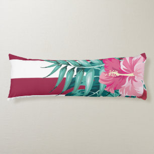 Pink Exotic Flowers striped Burgundy Body Pillow