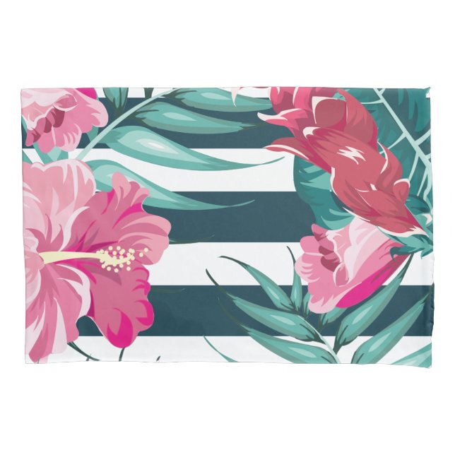 Pink Exotic Flowers striped Pillowcase (Front)