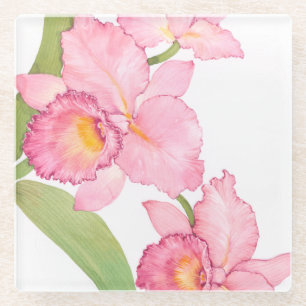 Pink Exotic Watercolor Flowers Glass Coaster