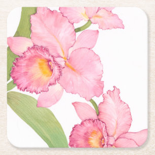 Pink Exotic Watercolor Flowers Square Paper Coaster