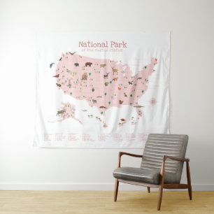 Pink Exploring National Park Map Woodland Nursery Tapestry