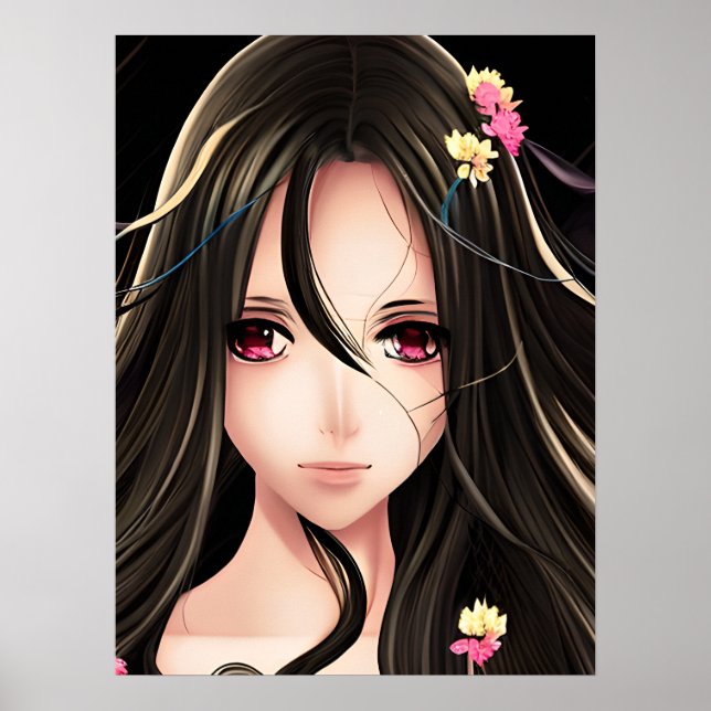 Pink Eyed Brunette Anime Girl Cartoon Poster (Front)