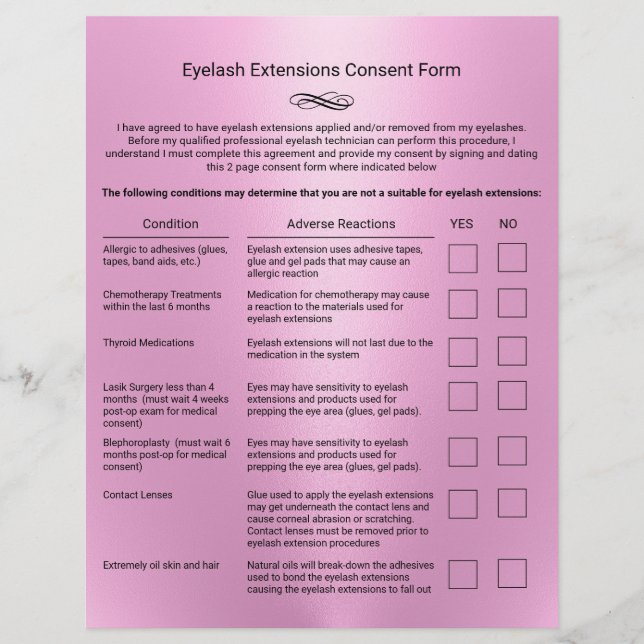 Pink Eyelash Extension Salon Liability Waiver Flyer (Front)