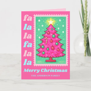 Pink Fa La La Christmas Tree Postage Stamp Holiday Card