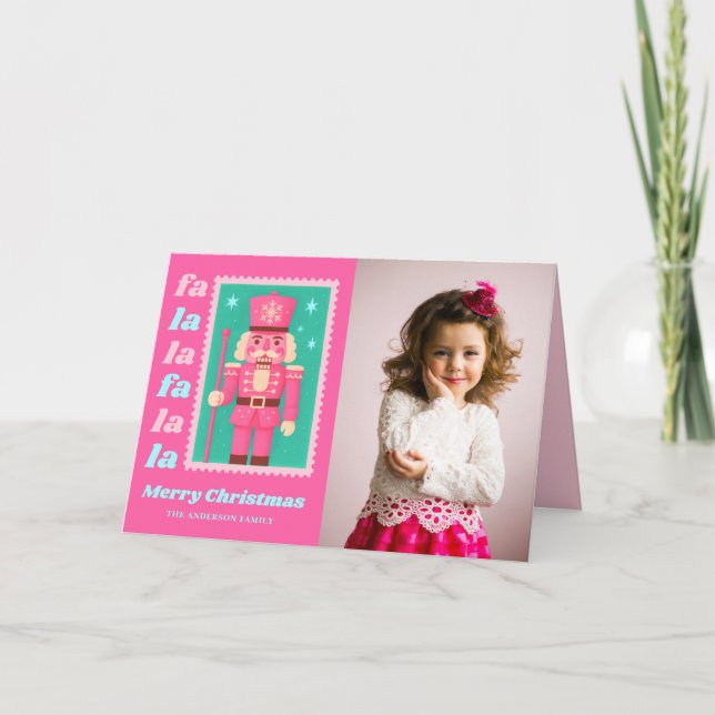 Pink Fa La La Nutcracker Christmas Photo Holiday Card (Front)