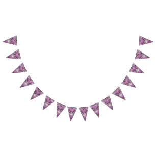 Pink fabric featuring intricate purple and white f bunting flags