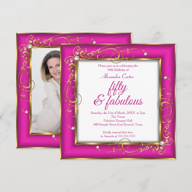Pink Fabulous 50 Photo Gold Pearl birthday Party Invitation (Front/Back)