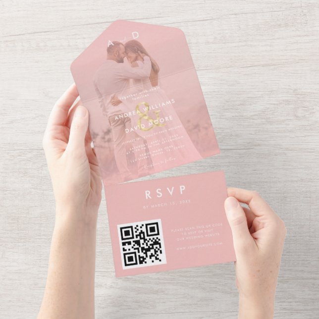 Pink Faded Photo Gold Ampersand & QR Code Wedding All In One Invitation (Tearaway)