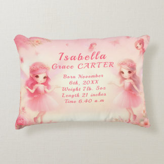 Pink Fairies Bloomy Garden Baby Birth Stats Accent Pillow