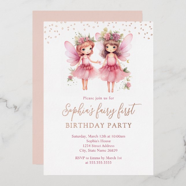 Pink Fairy 1er Anniversaire Fête Invitation (Recto/Verso)