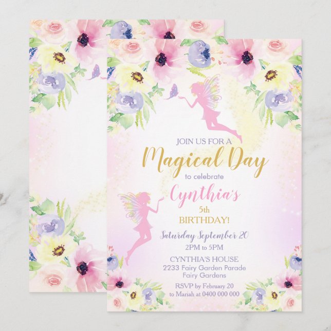 Pink Fairy Birthday Invitation Fairy Garden (Front/Back)