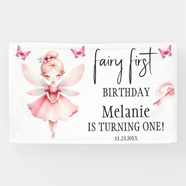 Pink Fairy Butterflies Magic Wand First Birthday  Banner (Horizontal)