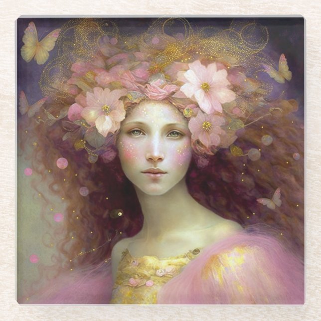 Pink Fairy Fantasy Art Glass Coaster (Front)