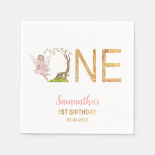 Pink Fairy Floral Forest 1st Birthday Napkin