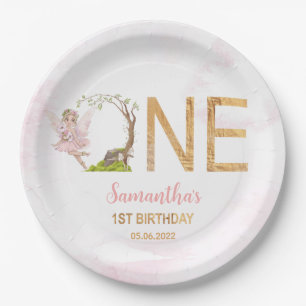 Pink Fairy Floral Forest 1st Birthday Paper Plate