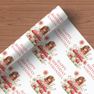 Pink Fairy Girl Whimsical Floral Birthday Wrapping Paper