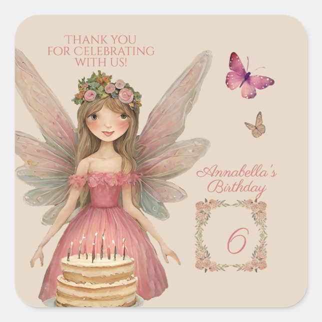 Pink Fairy Girls Birthday Thank You Square Sticker (Front)