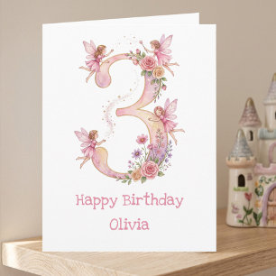 Pink Fairy Number Three Girls 3rd Birthday Card