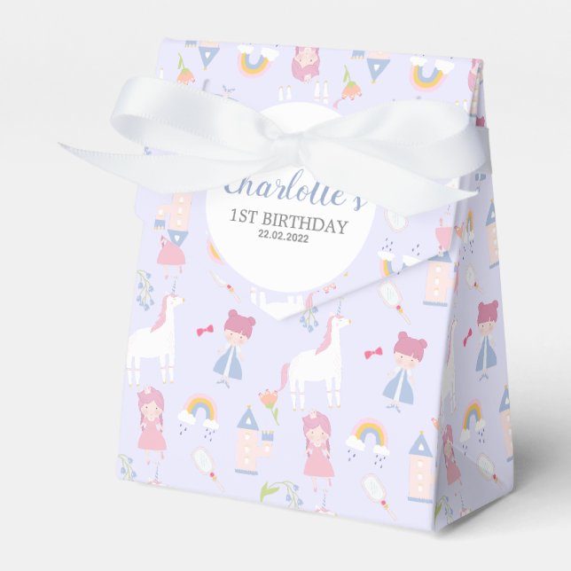 Pink Fairytale Princess Unicorn 1st Birthday Party Favor Box (Front Side)