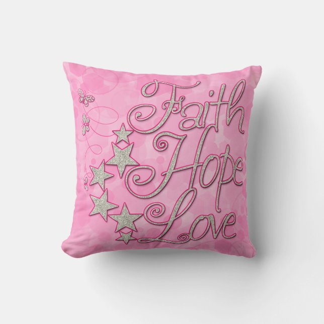 Pink Faith Hope Love Papillons Stars Coussin (Recto)