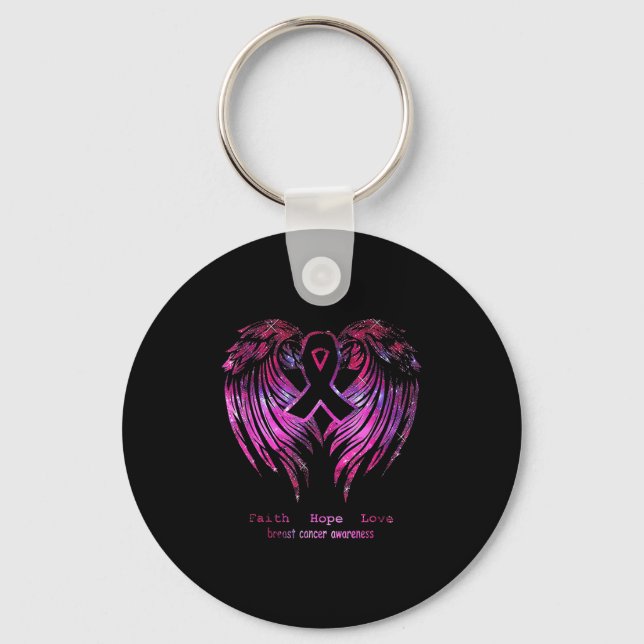 Pink Faith Hope Love Wings Breast Cancer Awareness Keychain (Front)