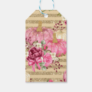 PINK FALL AUTUMN PUMPKINS & WATERCOLOR FLOWERS GIFT TAGS
