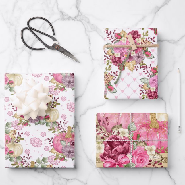 PINK FALL AUTUMN PUMPKINS & WATERCOLOR FLOWERS WRAPPING PAPER SHEET (Front)