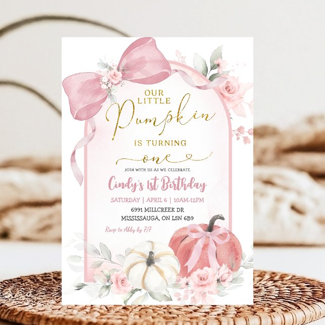 Pink Fall Floral Coquette Pumpkin First Birthday Invitation (Creator Uploaded)