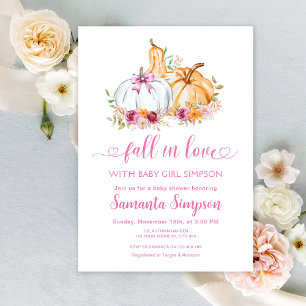 Pink Fall in love Girl Pumpkins Baby Shower Invitation