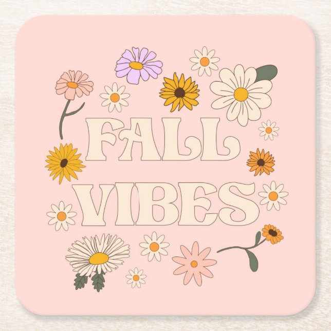 Pink Fall Vibes Square Paper Coaster (Front)
