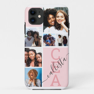 Pink Family Friends Photo Collage Monogram Name iPhone 11 Case