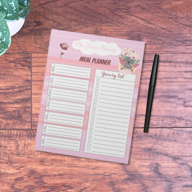 Pink Family Meal Planner Notepad with Koala (Pink family meal planner notepad designed to help new mom stay organized .)