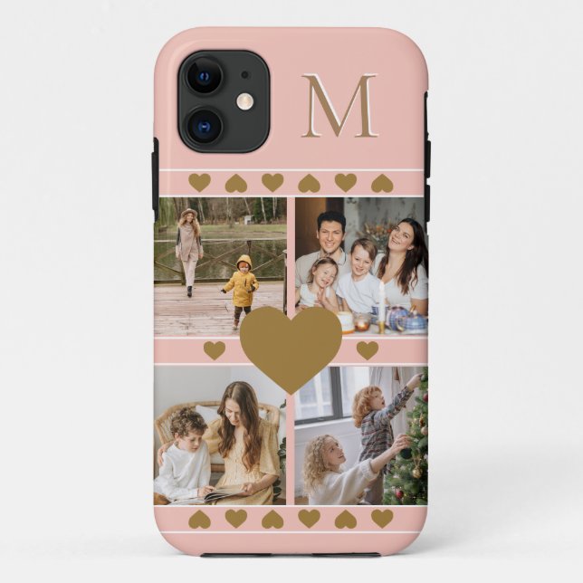 Pink Family Photo Collage with Gold Heart Monogram Case-Mate iPhone Case (Back)