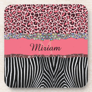 Pink Fancy Glitter Girly Leopard Print Elegant Coaster