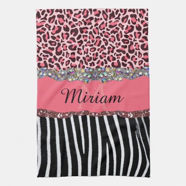 Pink Fancy Glitter Girly Leopard Print Elegant Kitchen Towel (Vertical)