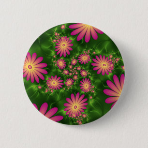 Pink Fantasy Flowers Modern Abstract Fractal Art 2 Inch Round Button