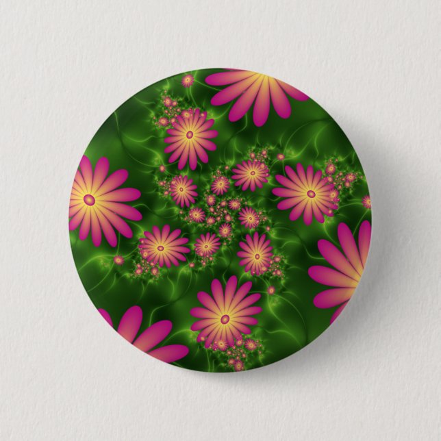 Pink Fantasy Flowers Modern Abstract Fractal Art 2 Inch Round Button (Front)